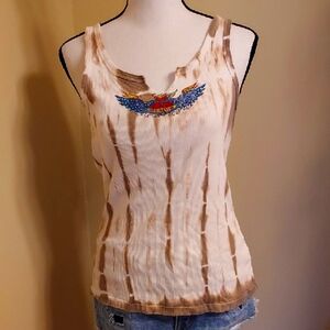 Anama Tan and Blue Embellished Sleeveless Tank Top